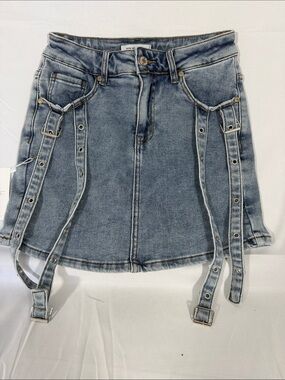 Nina Rossi Light Wash Denim Mini Skirt shorts with Strap Details